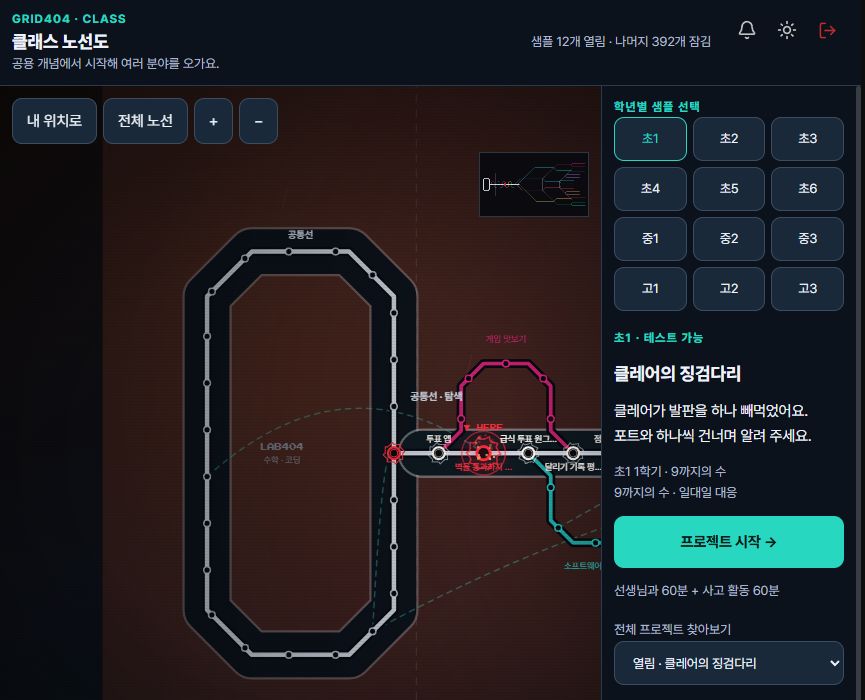 현재 STUDIO의 CLASS 화면. 프로젝트 노선도와 학년별 샘플 선택이 보입니다.