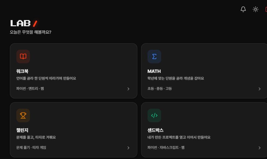 현재 STUDIO의 LAB 화면. 워크북, MATH, 챌린지, 샌드박스 메뉴가 보입니다.